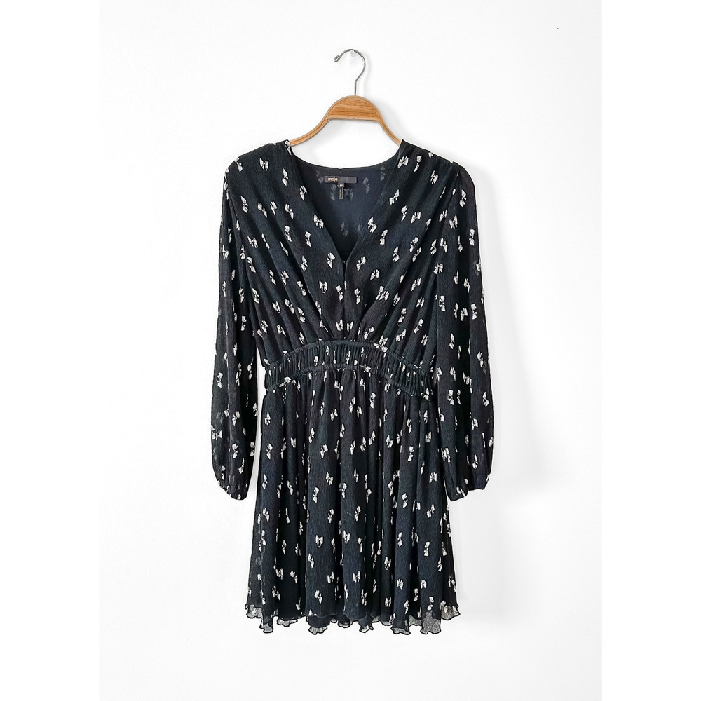 Maje Rionana V-Neck Bow Print Mini Dress size 42 or XL - Picture 3 of 12